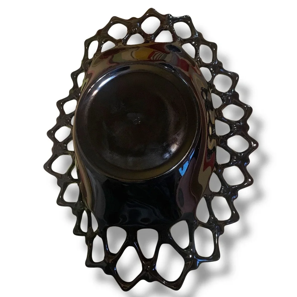 Vintage Black Amethyst Glass Lattice Edge Reticulated Oval Centerpiece Bowl 12in